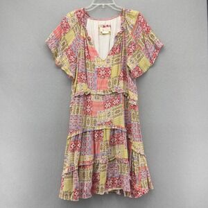 Anthropologie Robin Tiered Patchwork Ruffled V Neck Dress Size M‎